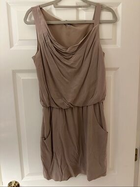 Theory Taupe Sleeveless Midi Dress with Draped Neckline